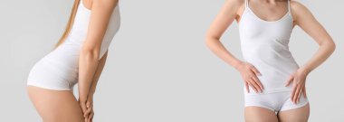 Açık arkaplanda iç çamaşırlı güzel genç kadınlar ve metin için yer var.