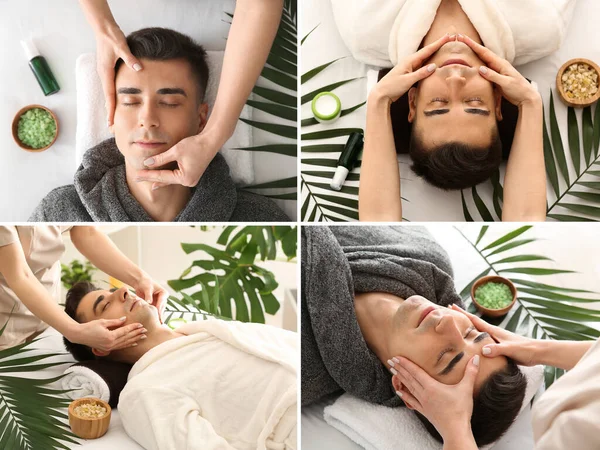 Collage Handsome Man Having Facial Massage Spa Salon — Stock Photo, Image