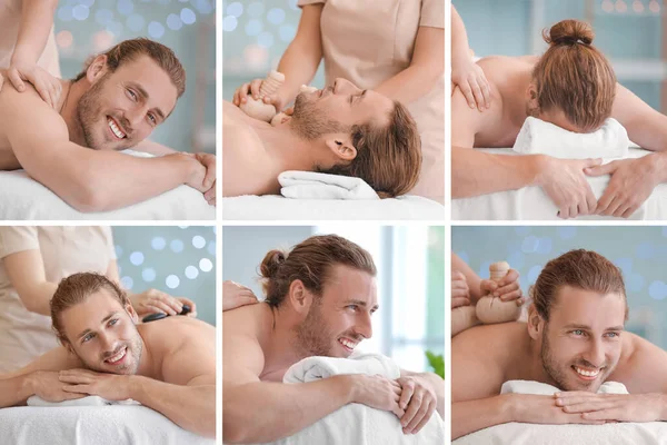 Collage Con Bel Giovane Uomo Con Massaggio Nel Centro Benessere — Foto Stock