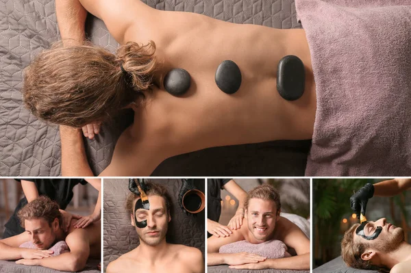 Collage Avec Jeune Homme Relaxant Dans Salon Spa — Photo