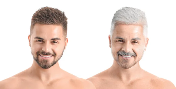 Retrato Hombre Joven Anciano Guapo Sobre Fondo Blanco Proceso Envejecimiento — Foto de Stock