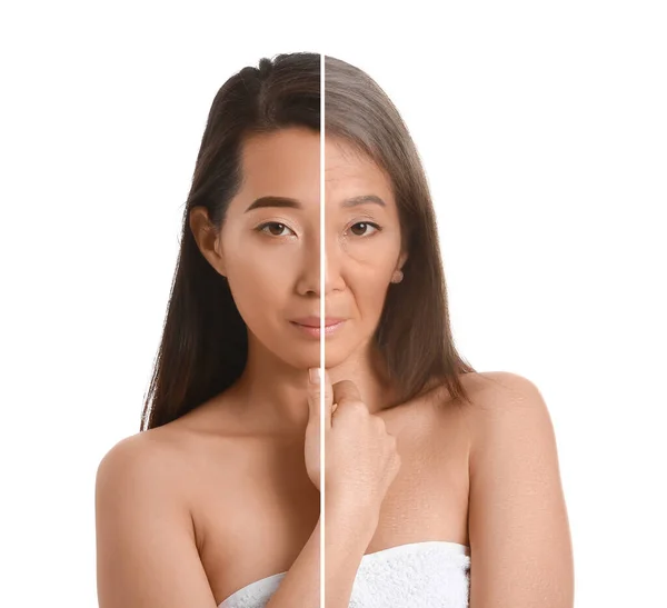 Comparaison Portrait Femme Asiatique Sur Fond Blanc Processus Vieillissement — Photo