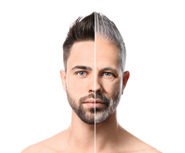Comparison Portrait Man White Background Process Aging — Stock Photo, Image