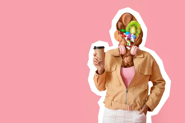 Woman Tasty Sweet Bubble Waffle Instead Her Head Coffee Pink — Stock Photo, Image