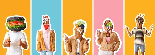 Set People Tasty Food Instead Heads Colorful Background — Stock Photo, Image