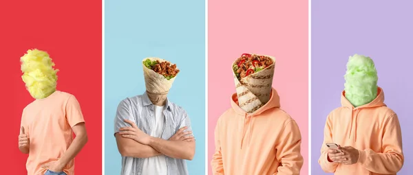Σύνολο Ανθρώπων Νόστιμο Φαγητό Αντί Για Κεφάλια Τους Πολύχρωμο Φόντο — Φωτογραφία Αρχείου