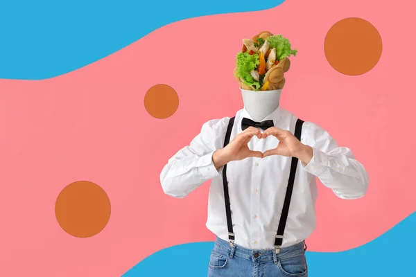 Man Tasty Bubble Waffle Instead His Head Making Heart Hands — Stock Photo, Image