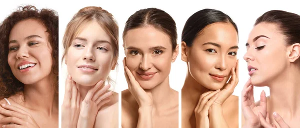 Set Belle Giovani Donne Sfondo Bianco Concetto Cosmetologico — Foto Stock
