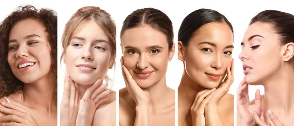 Conjunto Hermosas Mujeres Jóvenes Sobre Fondo Blanco Concepto Cosmetología — Foto de Stock