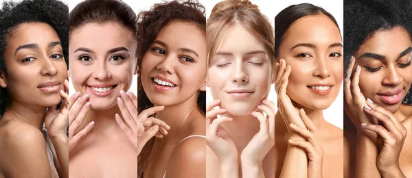 Conjunto Hermosas Mujeres Jóvenes Sobre Fondo Blanco Concepto Cosmetología — Foto de Stock
