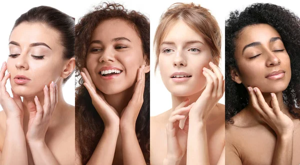Conjunto Diferentes Mujeres Jóvenes Sobre Fondo Blanco Concepto Cosmetología — Foto de Stock