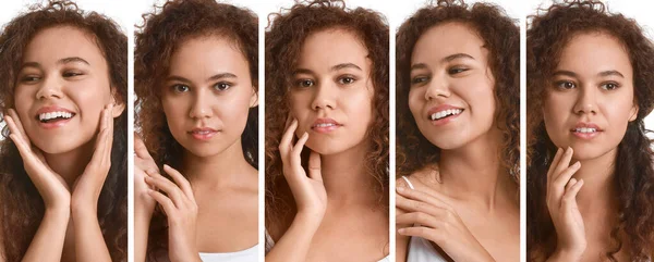 Conjunto Hermosa Joven Afroamericana Sobre Fondo Blanco Concepto Cosmetología —  Fotos de Stock