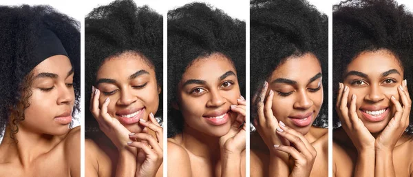 Set Van Mooie Jonge Afro Amerikaanse Vrouw Witte Achtergrond Cosmetologisch — Stockfoto