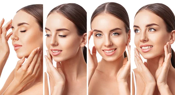 Conjunto Hermosa Joven Sobre Fondo Blanco Concepto Cosmetología — Foto de Stock