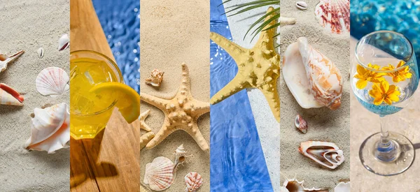海滩沙滩上新鲜的鸡尾酒 海贝和海星的夏季拼贴 — 图库照片