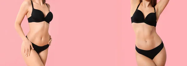 Gyönyörű Fiatal Nők Fehérneműben Rózsaszín Háttér Helyet Szöveges — Stock Fotó