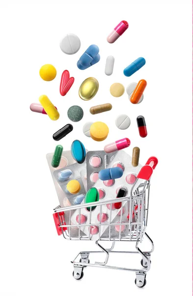 Many Different Pills Falling Shopping Cart White Background — Stock Photo, Image