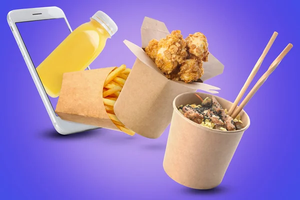 Collage with smartphone and many tasty snacks on blue background. Concept of ordering food