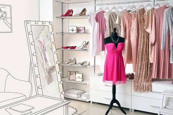 New Interior Fashion Designer Office Mirror Beautiful Clothes Hanging Rack — Stock Photo, Image