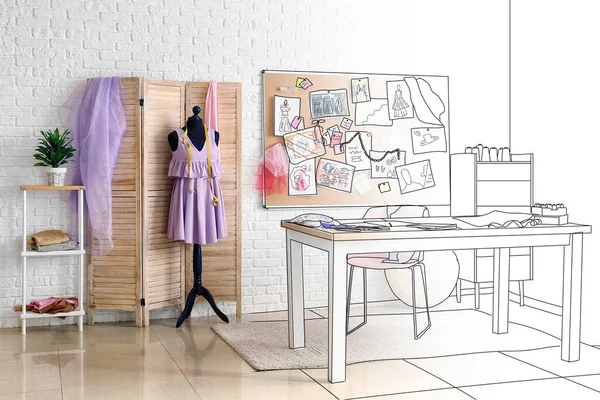 Neues Interieur Des Modedesigners Mit Arbeitsplatz Skizzenblock Und Schaufensterpuppe — Stockfoto