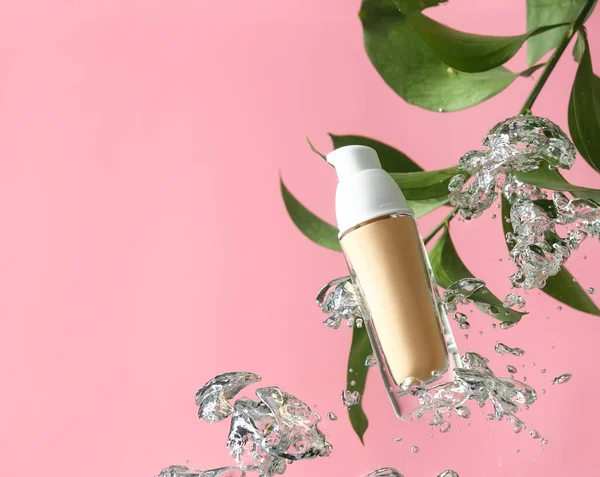 Green Branch Bottle Makeup Foundation Water Color Background — Stock Photo, Image