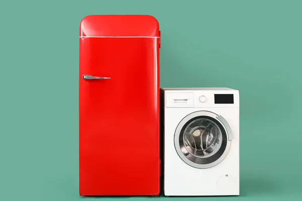 Stylish Retro Fridge Washing Machine Green Background — Stock Photo, Image