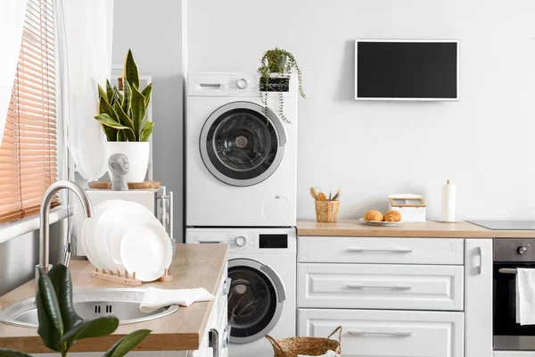 Stylish Interior Kitchen Modern Washing Machines — Stock Photo, Image