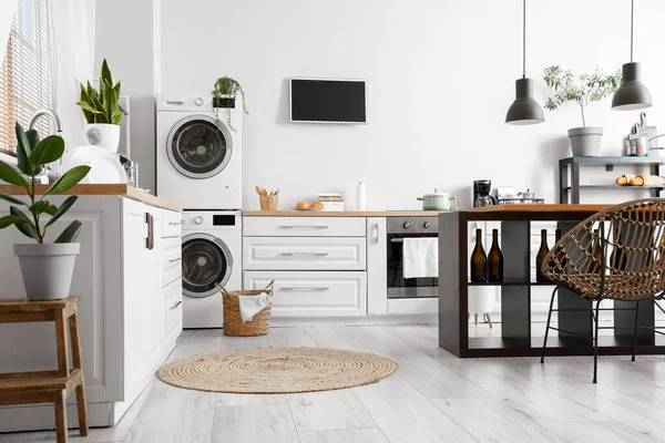 Stylový Interiér Kuchyně Moderními Pračkami — Stock fotografie