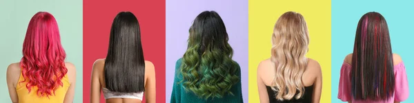 Mujeres Jóvenes Con Hermoso Cabello Teñido Sobre Fondo Colorido Vista —  Fotos de Stock