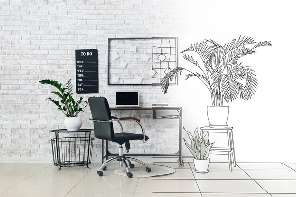 Neues Interieur Moderner Büros Mit Komfortablen Arbeitsplätzen Und Zimmerpflanzen — Stockfoto