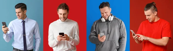 Groep Van Mannen Met Moderne Smartphones Kleur Achtergrond — Stockfoto