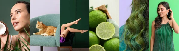 Collage Bilder Gröna Färger Med Vackra Unga Kvinnor Färska Lime — Stockfoto