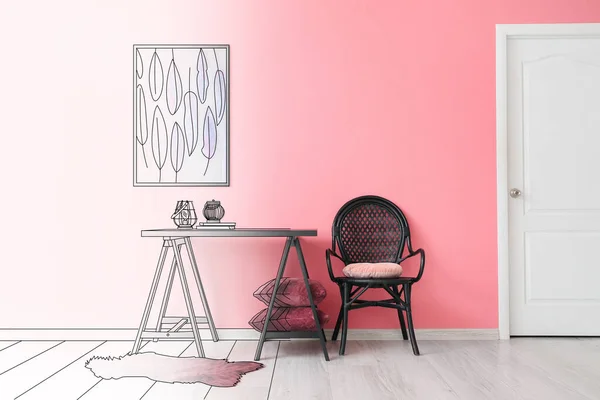 New Interior Modern Office Stylish Chair Table Pink Wall — Stock Photo, Image