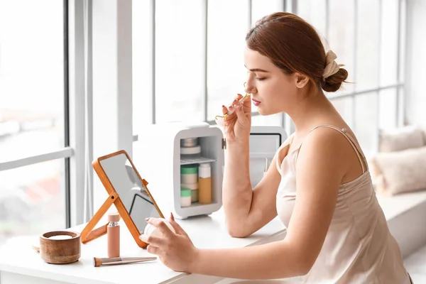 Beautiful Young Woman Massaging Her Face Tool Home — Stock Photo, Image