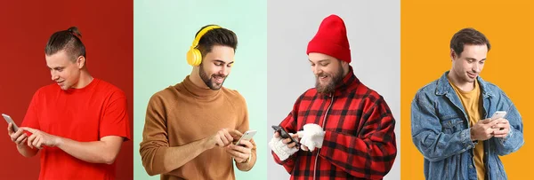Group Men Modern Smartphones Headphones Color Background — Stock Photo, Image