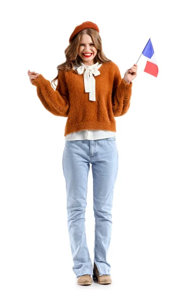 Hermosa Joven Con Bandera Francia Aislada Blanco —  Fotos de Stock