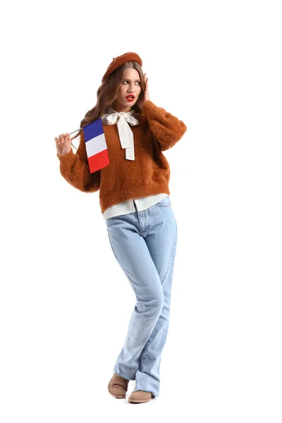 白に隔離されたフランスの旗を持つ美しい若い女性 — ストック写真