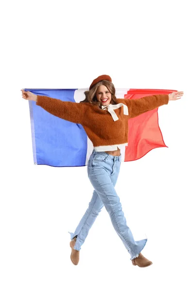 Hermosa Joven Con Bandera Francia Aislada Blanco —  Fotos de Stock