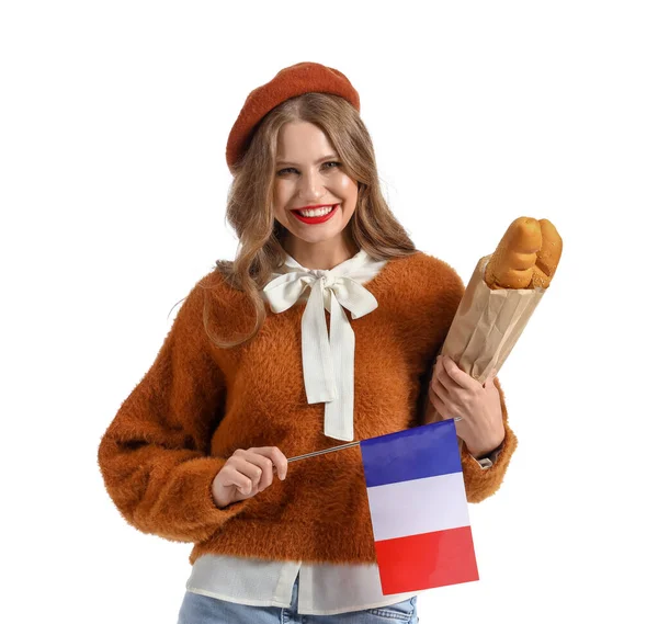 Красивая Молодая Женщина Флагом Франции Багетом Изолированы Белом — стоковое фото
