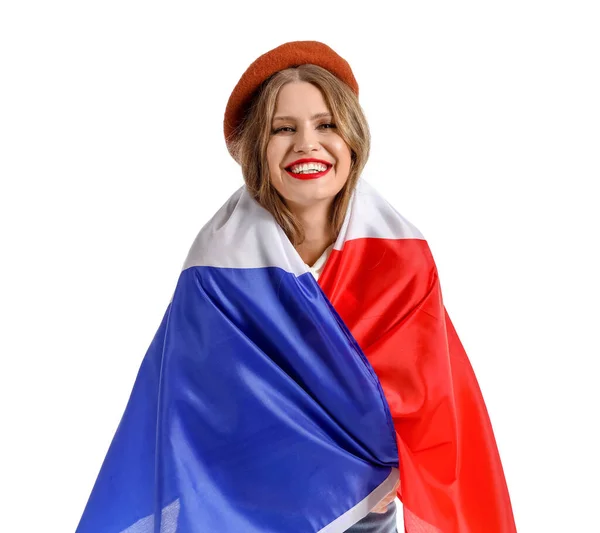 Όμορφη Ευτυχισμένη Νεαρή Γυναίκα Σημαία Της Γαλλίας Απομονωμένη Λευκό — Φωτογραφία Αρχείου