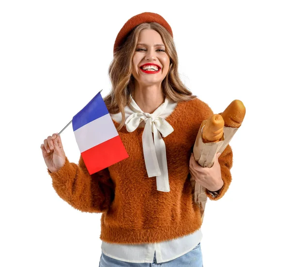 Jovem Feliz Bonita Com Bandeira França Baguete Isolada Branco — Fotografia de Stock