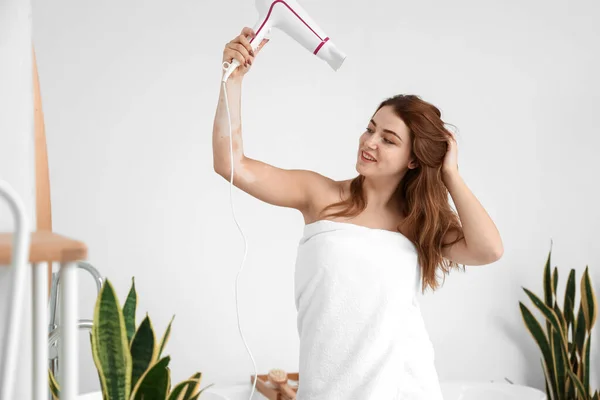Morning Young Woman Hair Dryer Bathroom — Stock Photo, Image