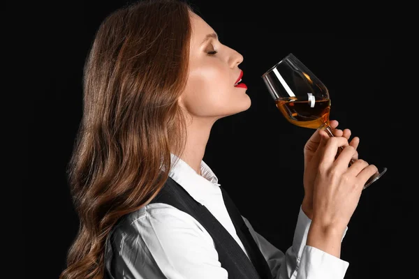 Beautiful Female Sommelier Wine Black Background — Stock Photo, Image