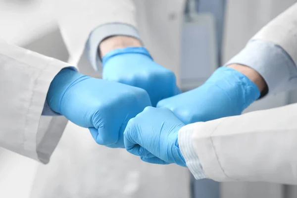 Group Doctors Putting Hands Together Clinic Closeup — Stock Photo, Image