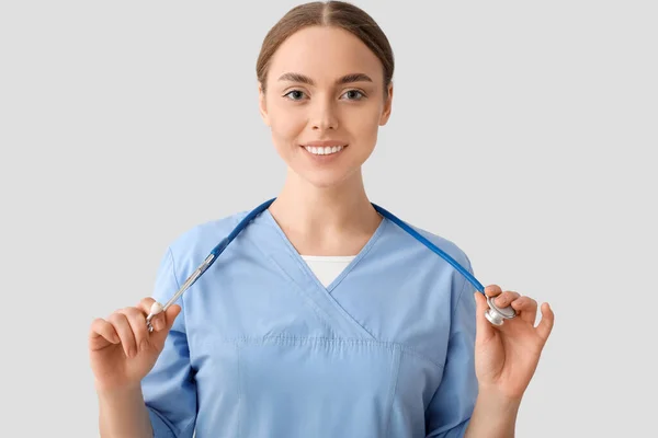 Female Nurse Stethoscope Grey Background — Stock Photo, Image