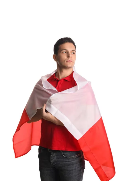Schöner Junger Mann Mit Polen Fahne Auf Weißem Grund — Stockfoto