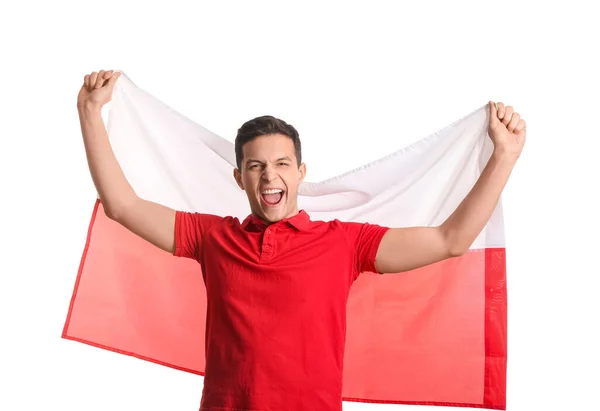 Emotionaler Junger Mann Mit Polen Fahne Auf Weißem Grund — Stockfoto