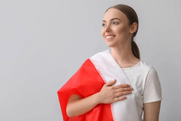 Vacker Ung Kvinna Med Flagga Polen Ljus Bakgrund — Stockfoto