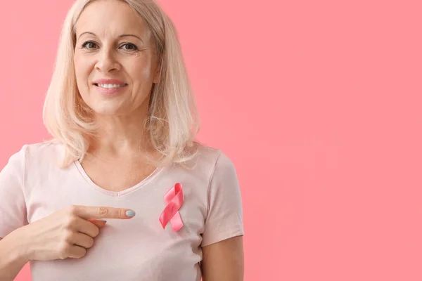 Mature Woman Pink Ribbon Color Background Breast Cancer Awareness Concept — Stock Photo, Image