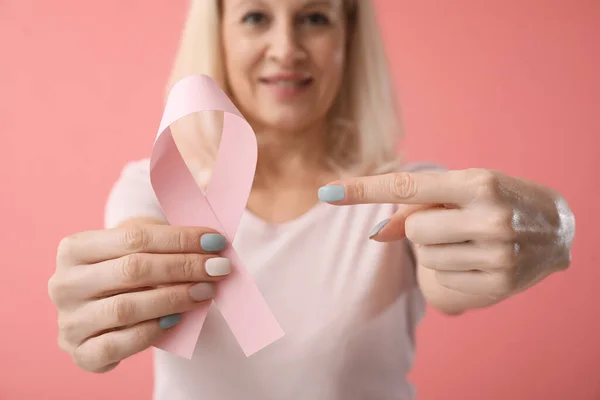 Mature Woman Pink Ribbon Color Background Closeup Breast Cancer Awareness — Stock Photo, Image